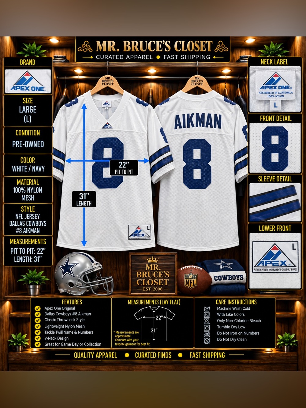 Troy Aikman #8 Dallas Cowboys Apex One Throwback Football Jersey Large L Vintage